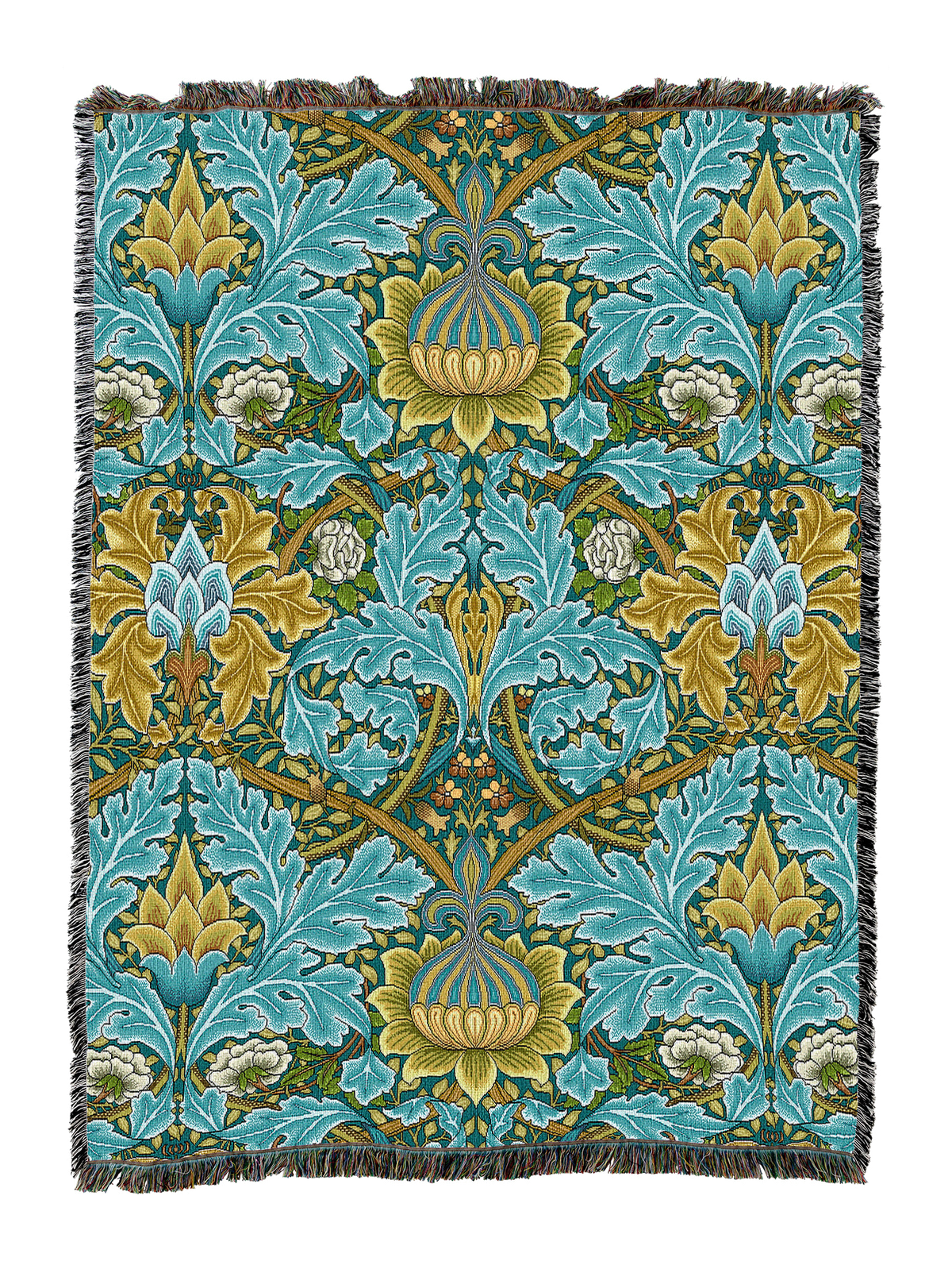 William Morris St James blanket with teal and gold floral damask pattern, fringed edge