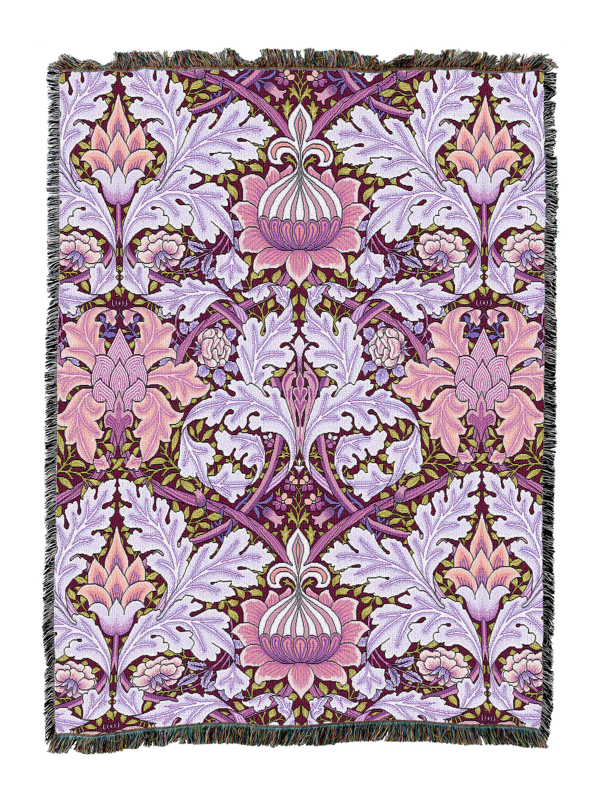 St James blanket in purple with intricate floral pattern and fringed border