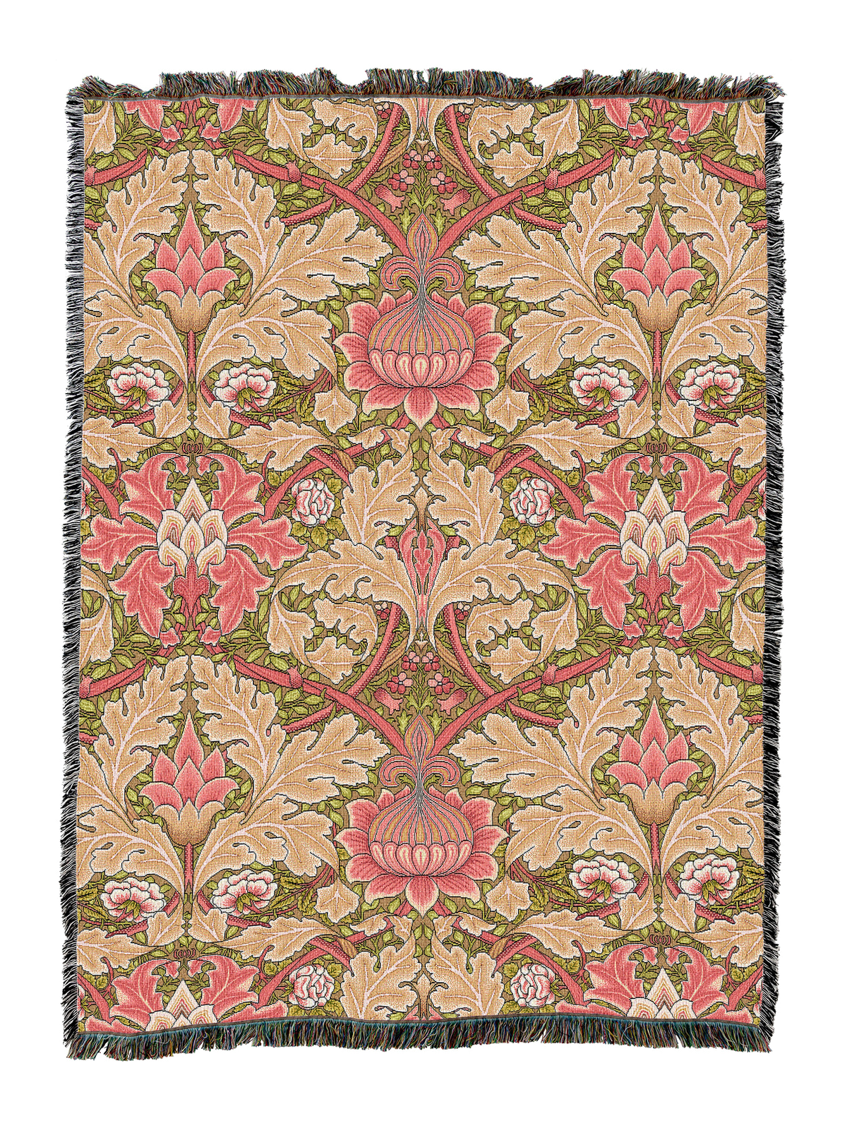 St James blanket in peach with colorful floral vines and fringed edge border