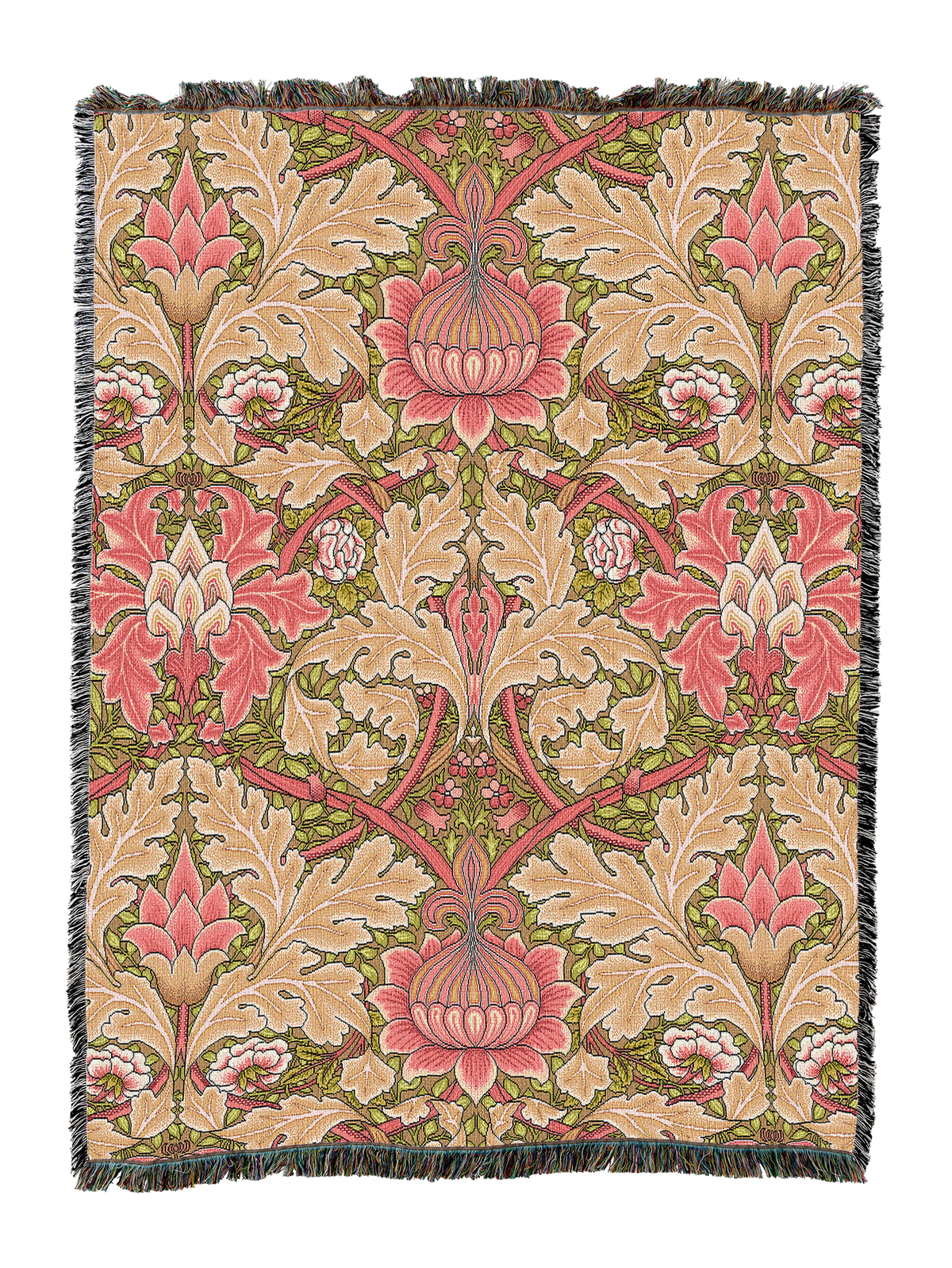 St James blanket in peach with ornate floral pattern and fringed border