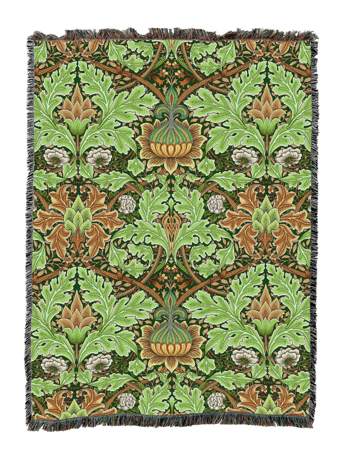 St James blanket in green with botanical medallions and fringed edge border