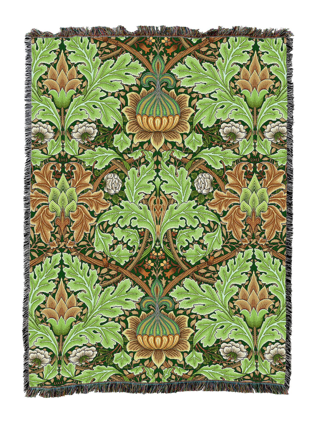 St James blanket in green with ornate floral vines and fringed border