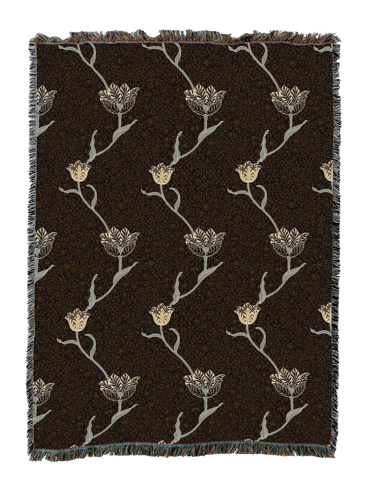 Garden tulip blanket with dark brown backdrop and cream tulip stems; fringed border