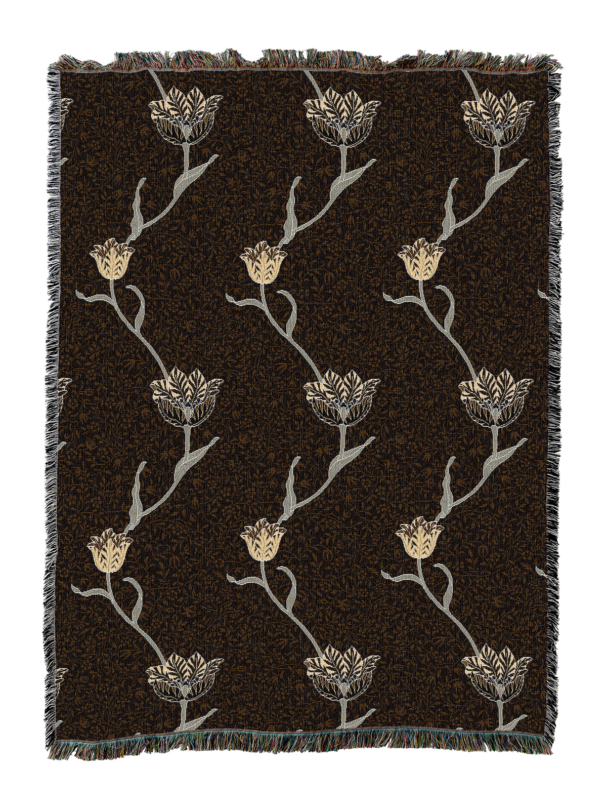 Garden tulip blanket with dark brown backdrop and gold, gray tulip stems; fringed border