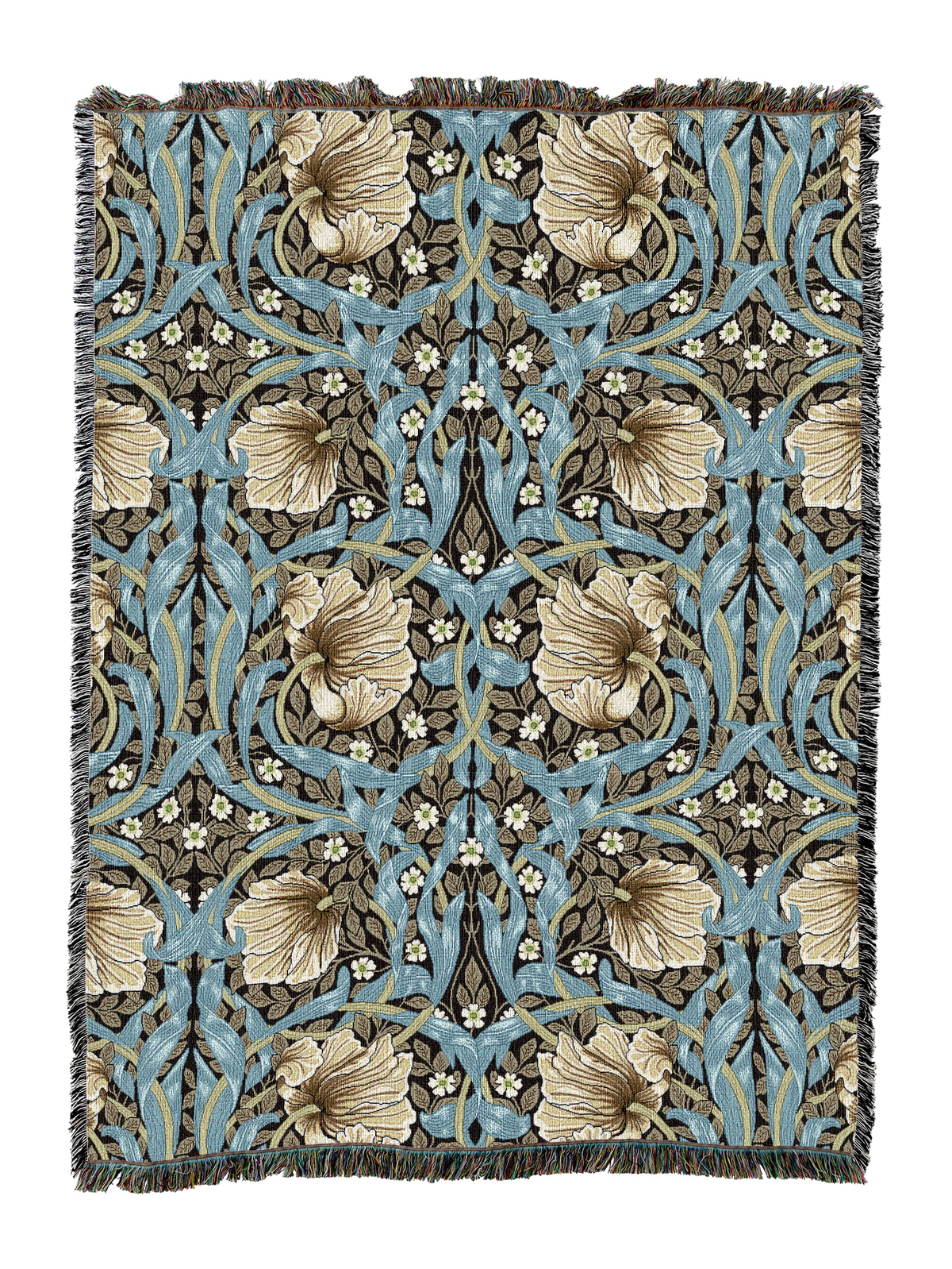 Teal floral blanket with fringe, ornate repeating birds and leaf motifs with tiny flowers