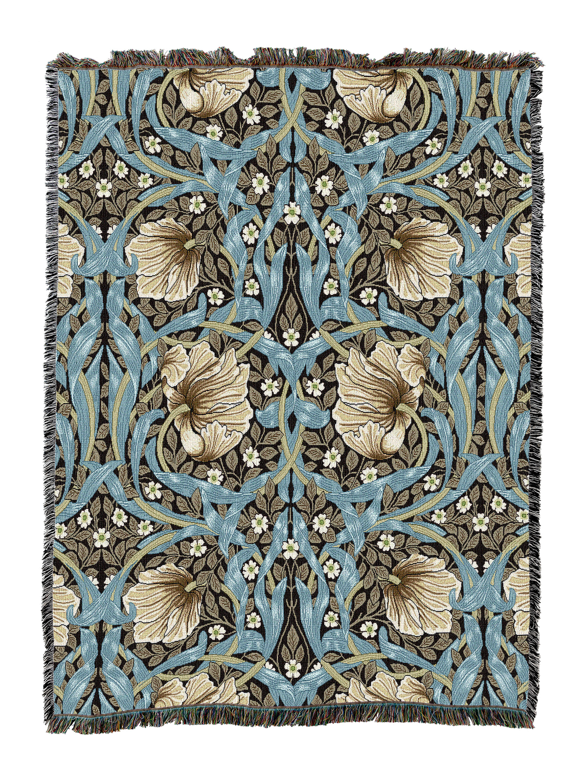 Dark teal floral blanket with fringe, repeating birds, leaves, and cream blossom details