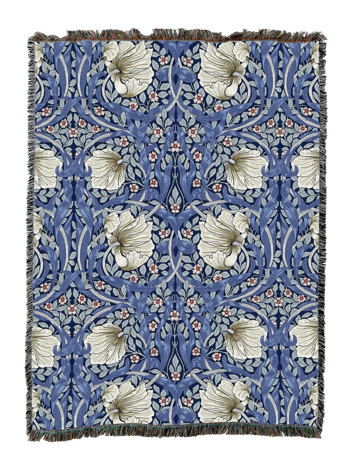 Blue floral blanket with fringe, bird-and-leaf ornament pattern with small blossoms