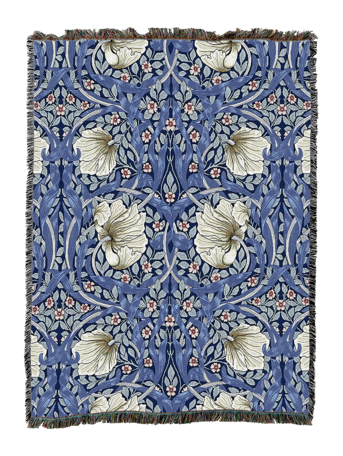 Blue floral blanket with fringe, repeating birds, leaves, and pink flower accents
