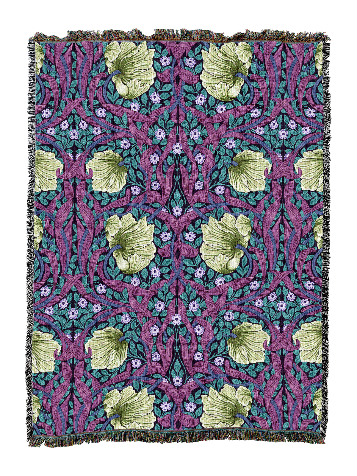 Purple floral blanket with fringe, large leaf medallions and bird motifs throughout