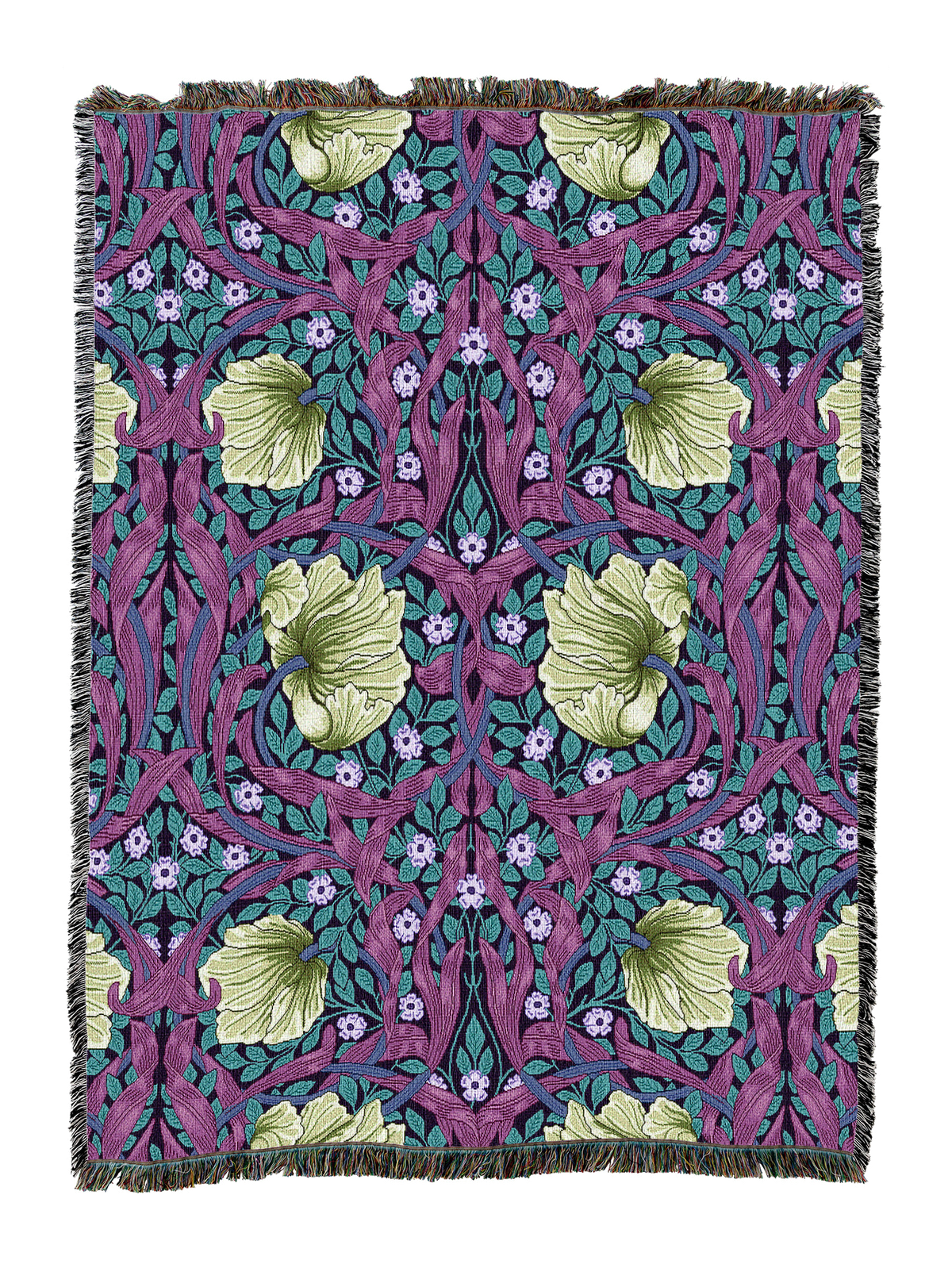 Purple floral blanket with fringe, repeating birds, leaves, and small white flowers