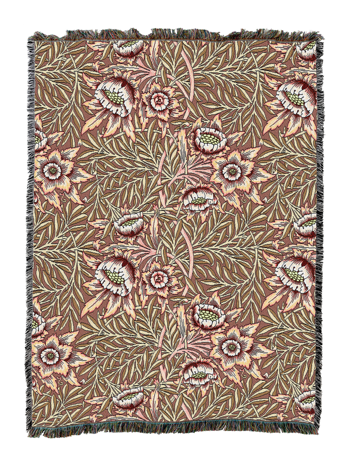 Dusty rose floral blanket with tulip-and-willow pattern, fringed border and stitching