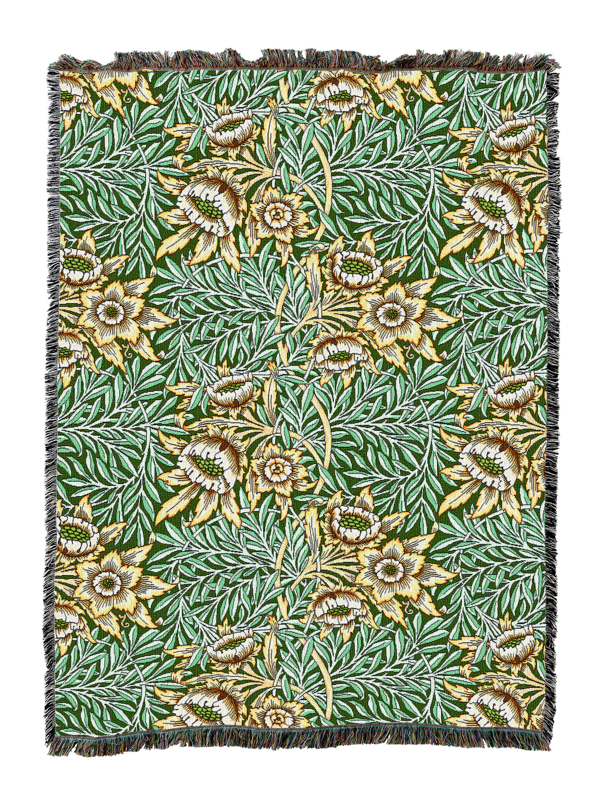 Teal floral blanket featuring tulip and willow leaves, fringed border