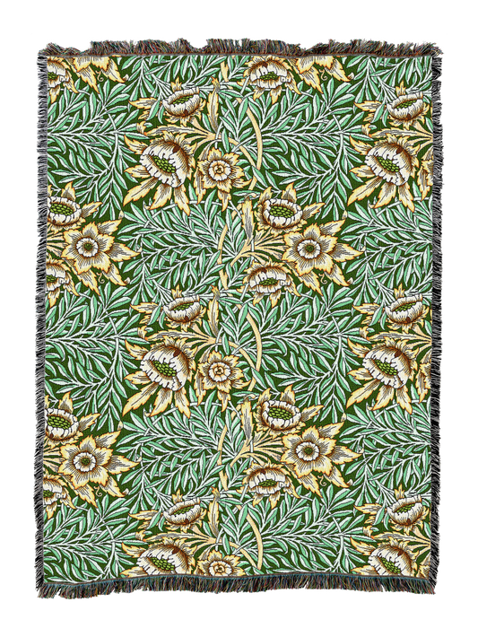 Teal floral blanket featuring tulip and willow leaves, fringed border