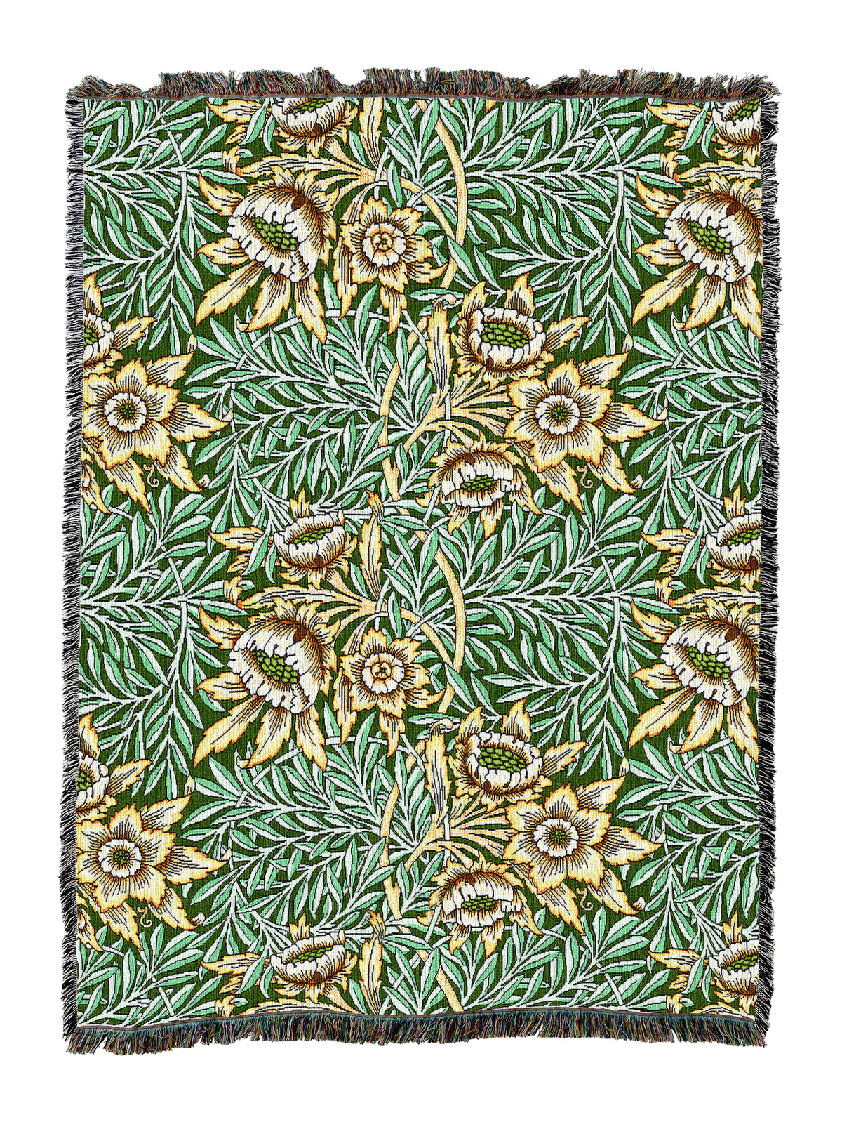 Teal floral blanket with tulip-and-willow pattern, fringed border and stitched edge