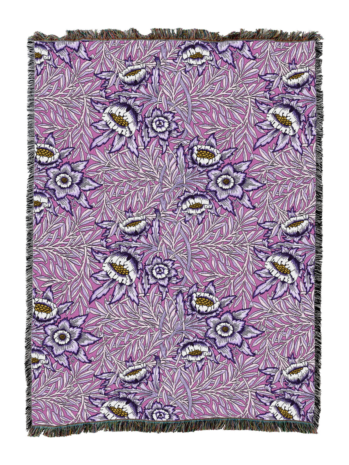 Dusty rose floral blanket with tulip-and-willow motif, fringed border and stitching