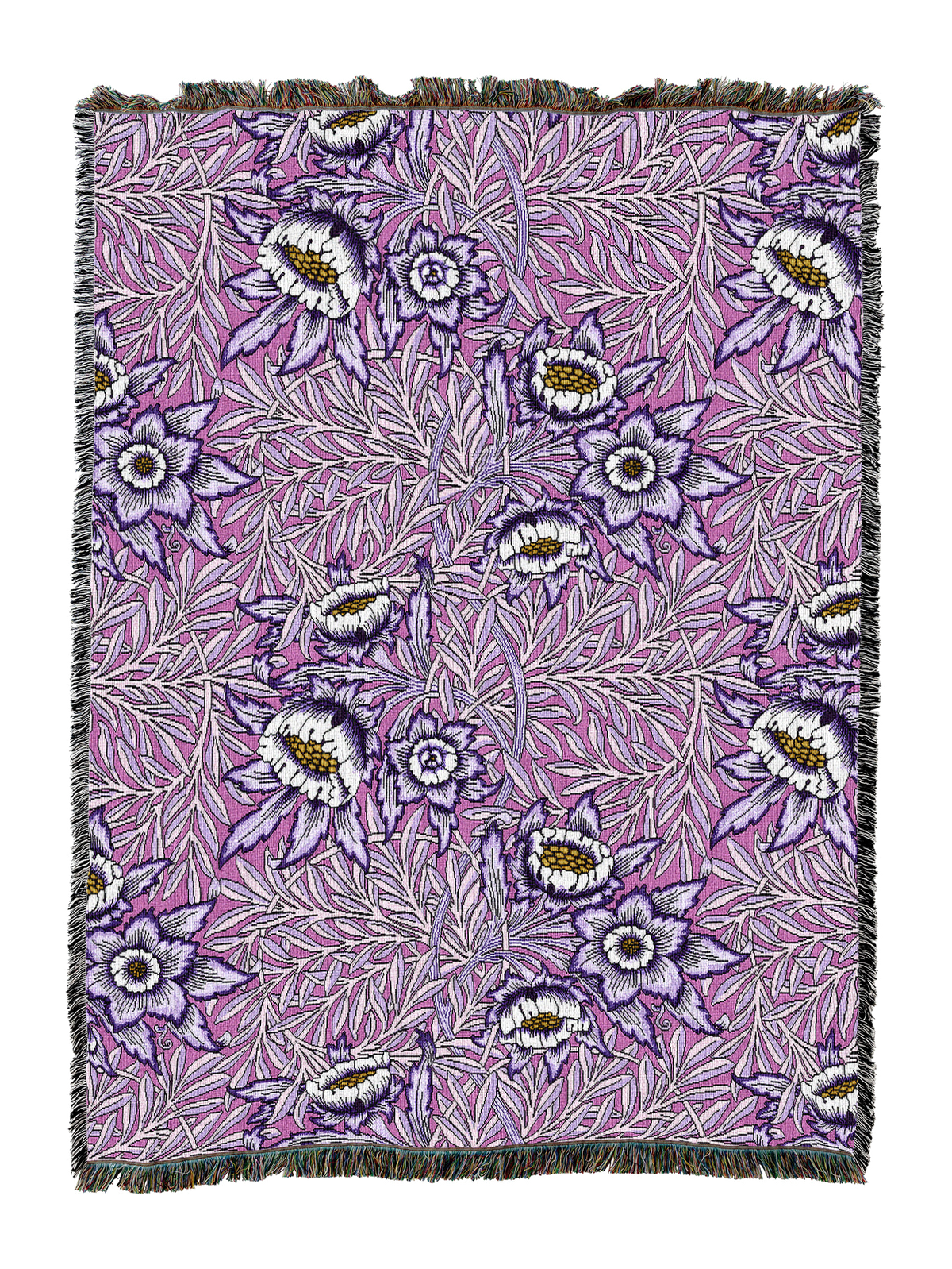 Purple floral blanket with tulip-and-willow pattern, fringed edge and stitched border