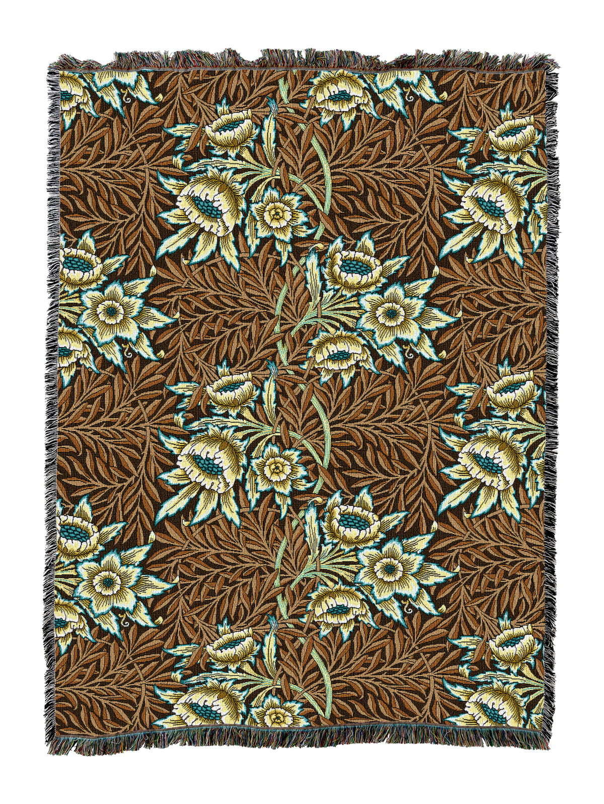 Chocolate-brown floral blanket with tulip-and-willow leaves, cream blooms, fringed edge