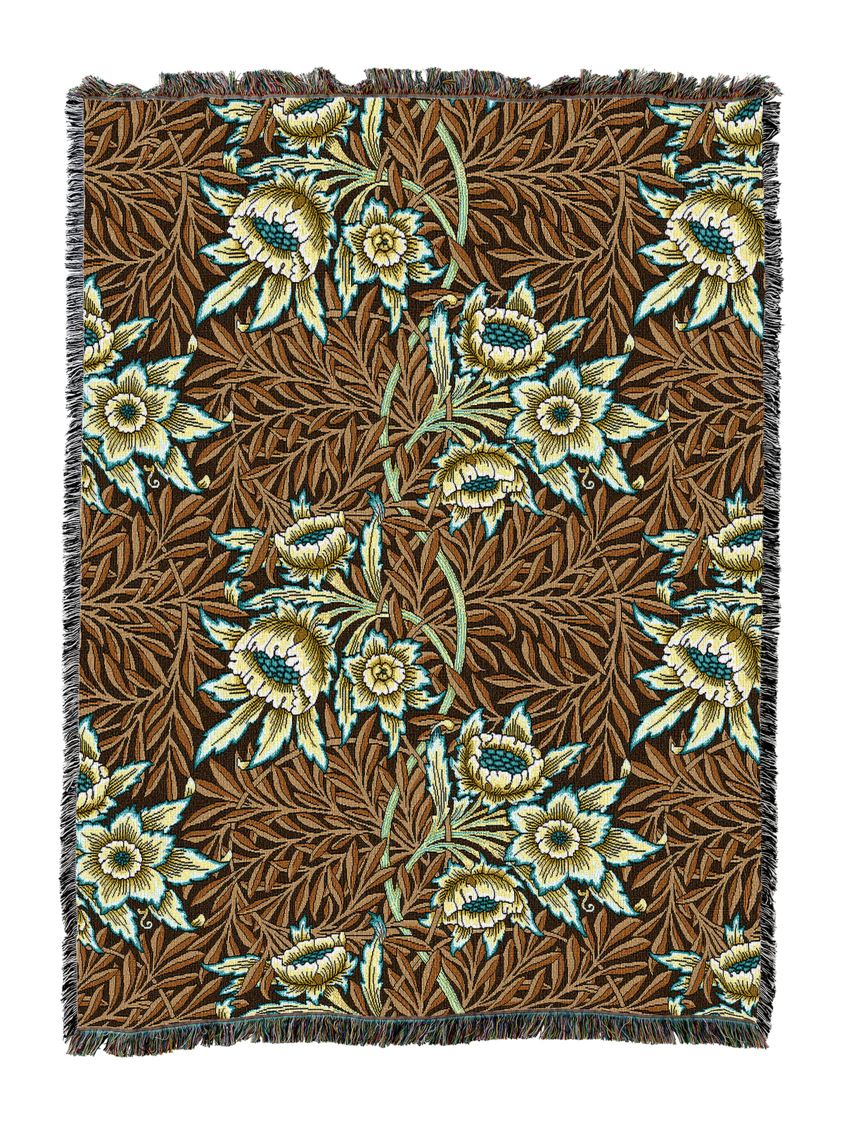Brown floral blanket with tulip-and-willow pattern, fringed border and stitched edge