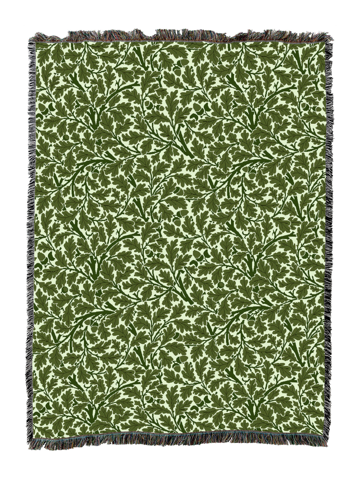 Deep moss green Oak Tree blanket with leaf motif and dark fringe