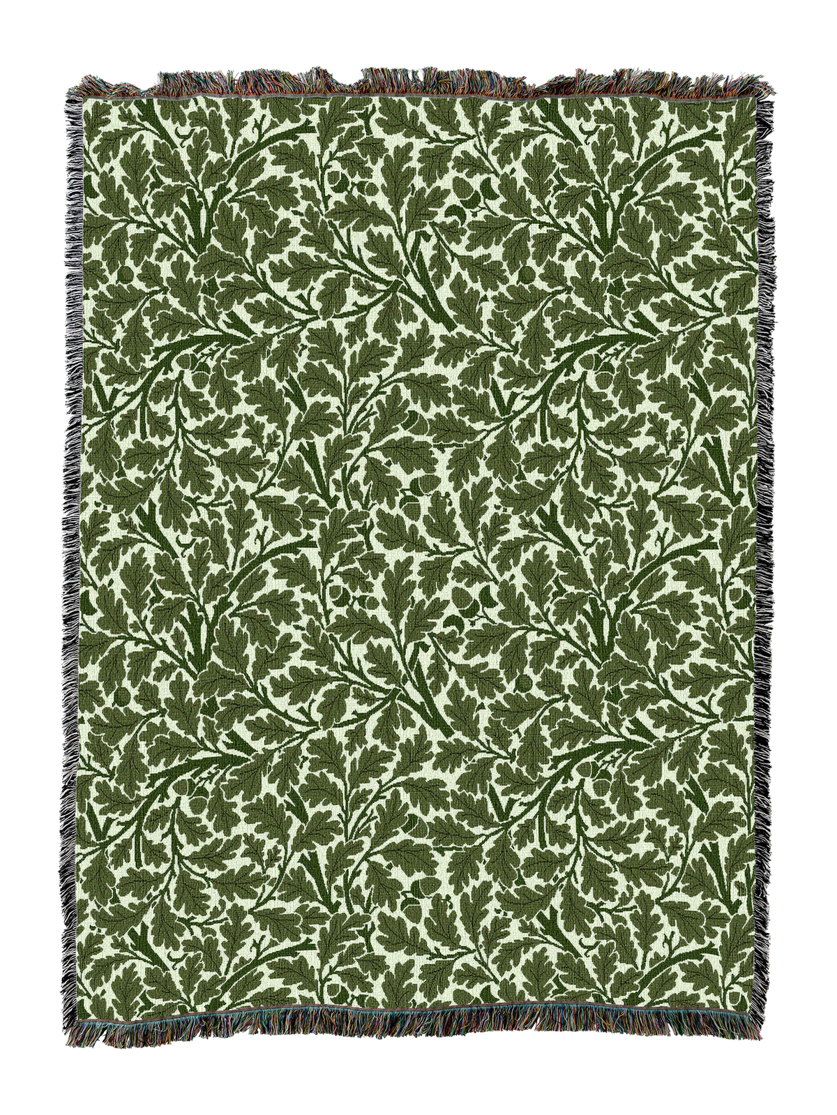 Green Oak Tree blanket with dense leaf pattern and dark fringe