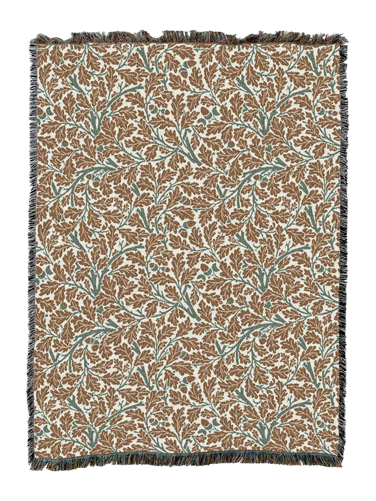 Oat-tan Oak Tree blanket with teal-toned leaves and dark fringe
