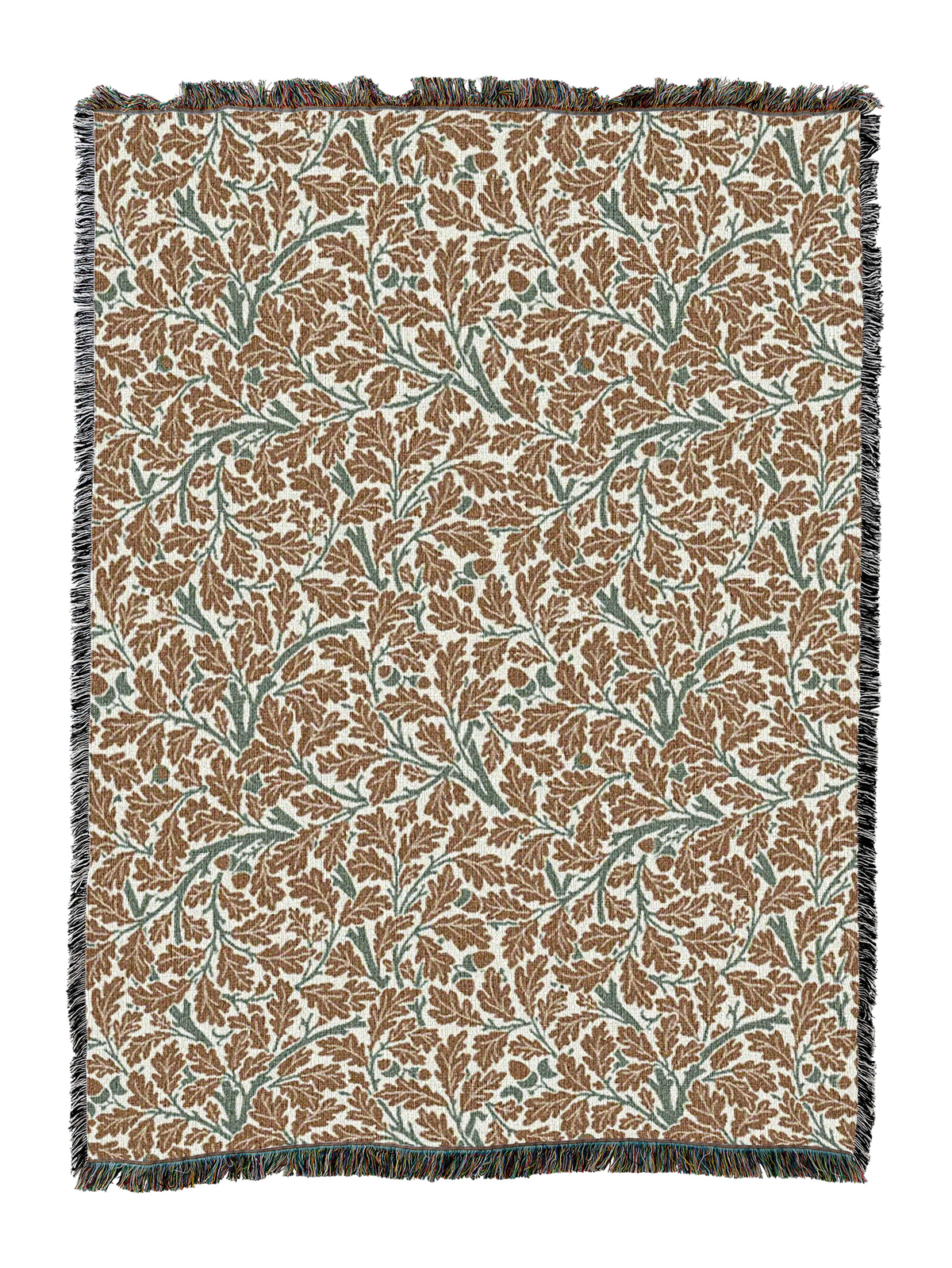 Light tan Oak Tree blanket with green-brown leaf pattern and dark fringe