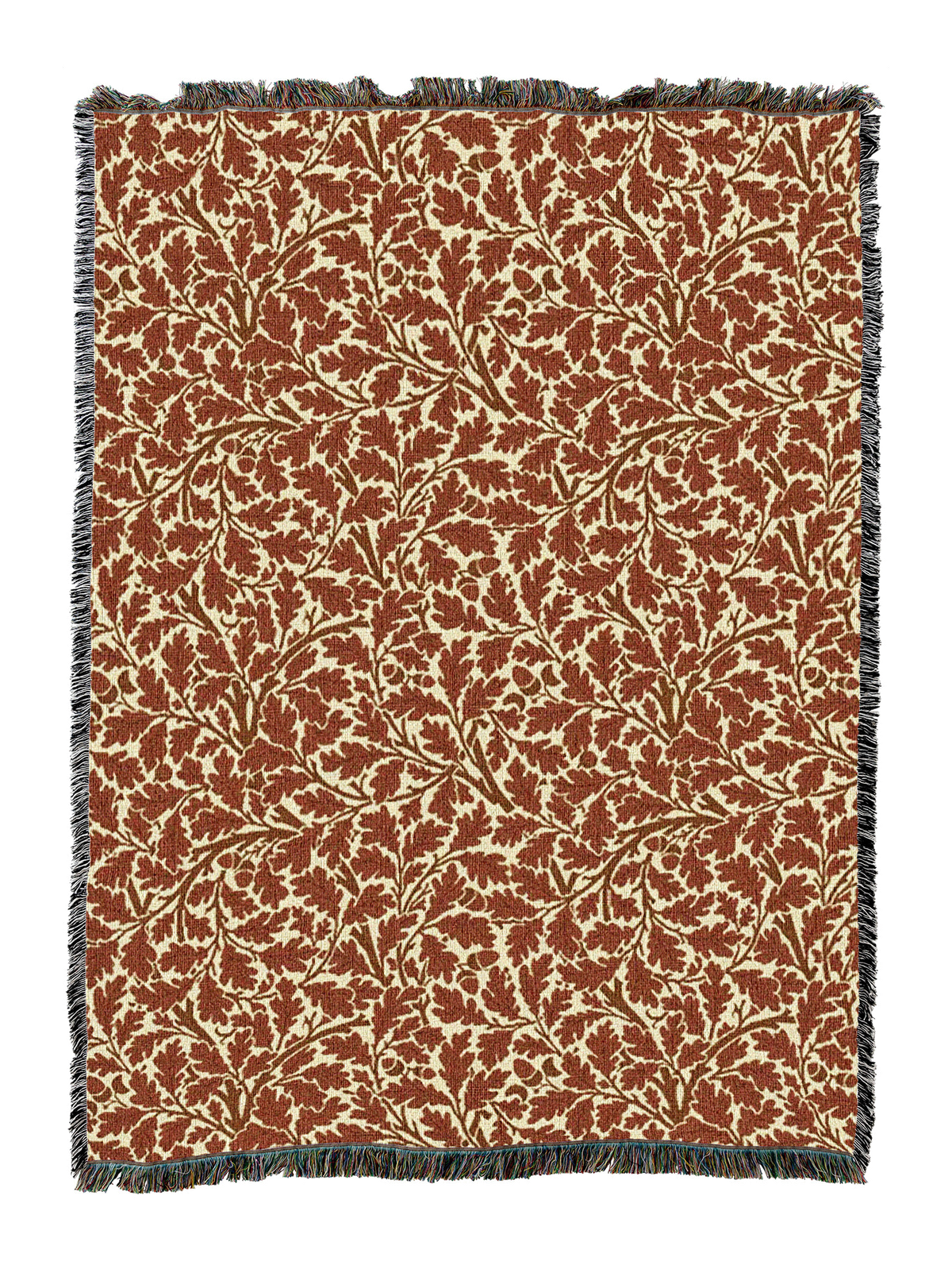 Rust-brown Oak Tree blanket with leaf motif and dark fringe