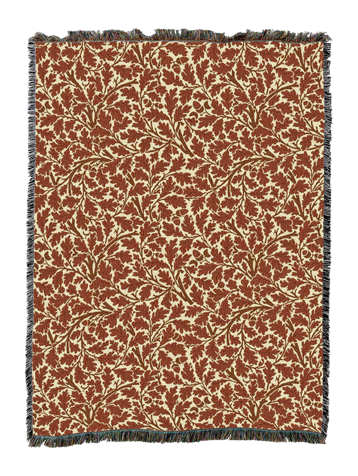 Brown Oak Tree blanket with dark fringe edge and leafy pattern