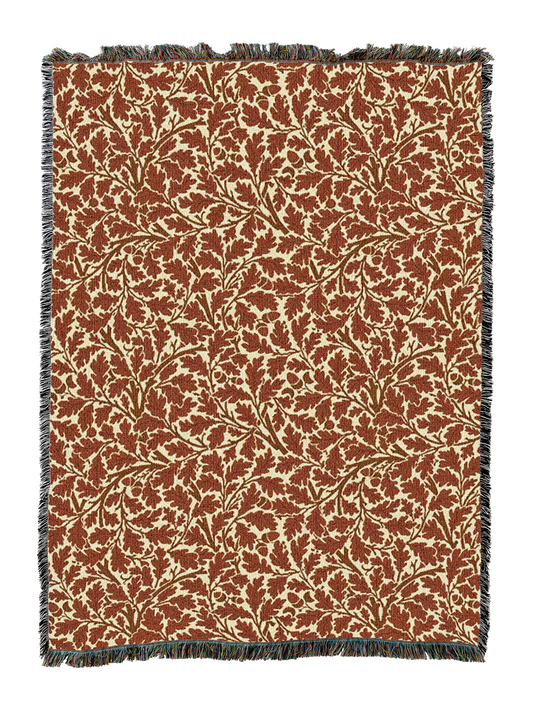 Brown Oak Tree blanket with dark fringe edge and leafy pattern