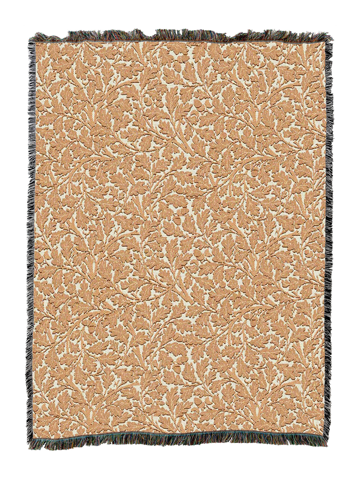 Leaf-pattern blanket in tan with dark green border trim
