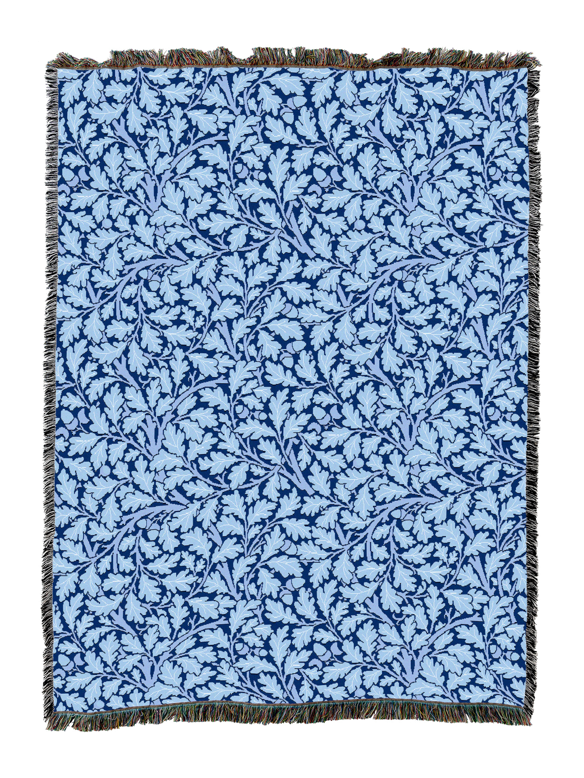 Cornflower blue Oak Tree blanket with tonal leaf print and dark fringe