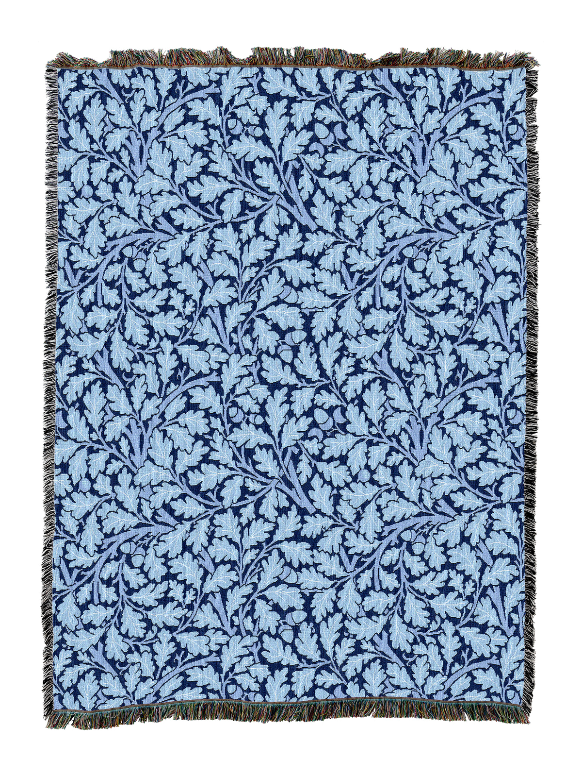 Blue Oak Tree blanket with white leaf pattern and dark fringe