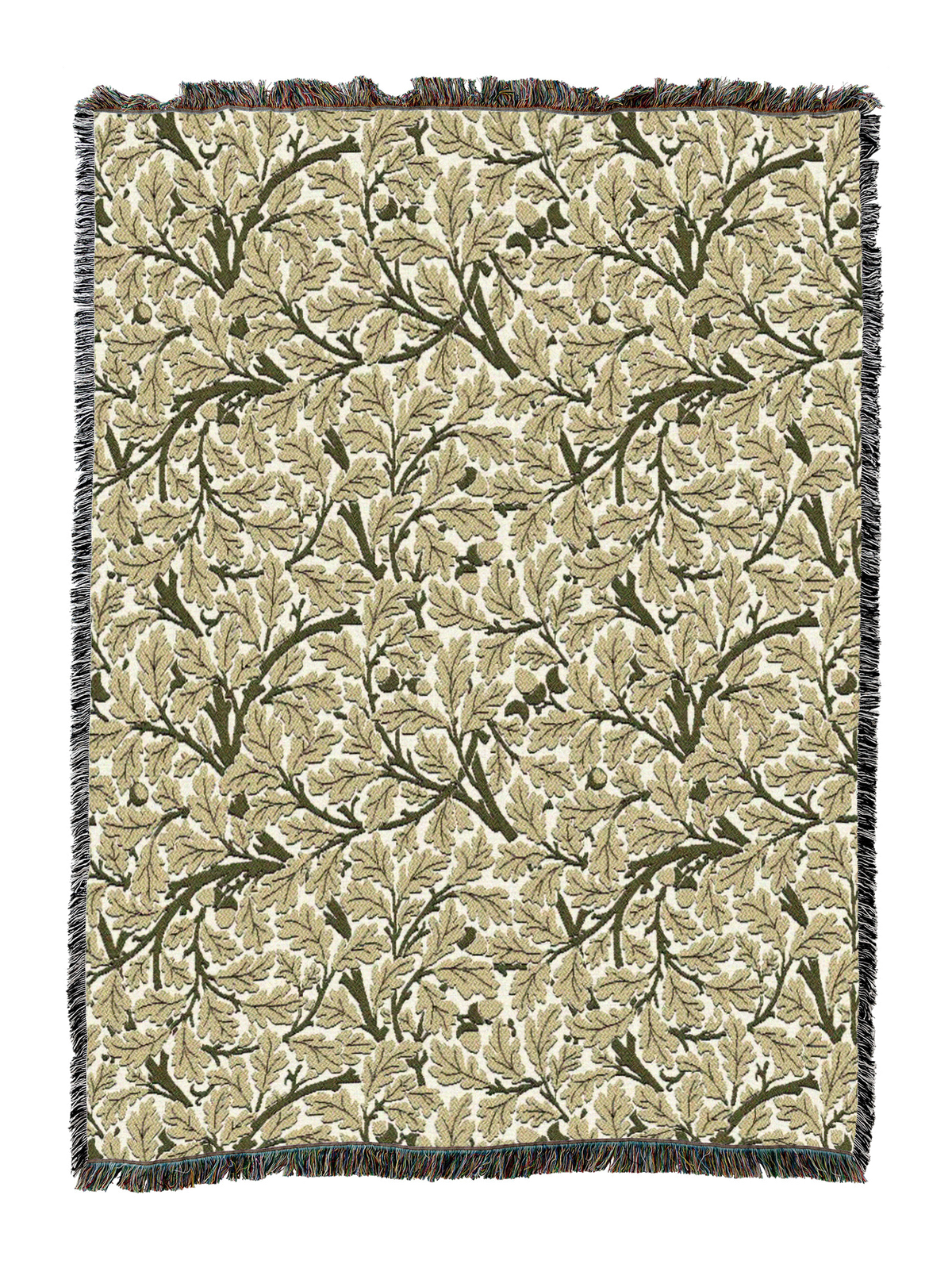 Cream Oak Tree blanket with tan leaf motifs and dark fringe