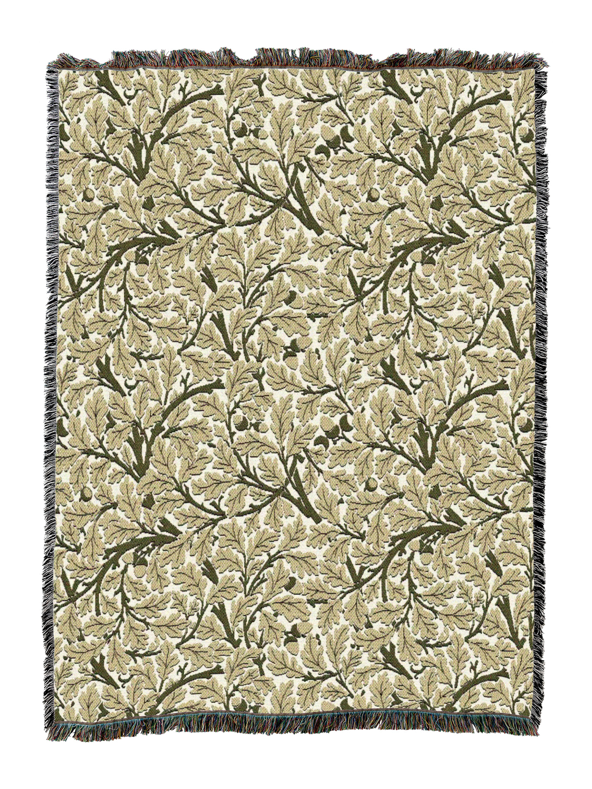 Ivory Oak Tree blanket with olive leaf pattern and dark fringe