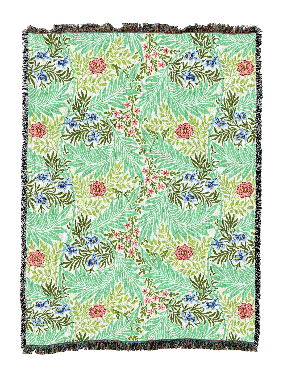William Morris Larkspur blanket in bright green with blue-purple floral and red blooms