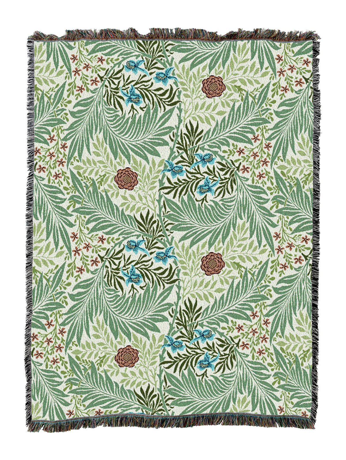 William Morris Larkspur blanket in green with blue flowers and red accents