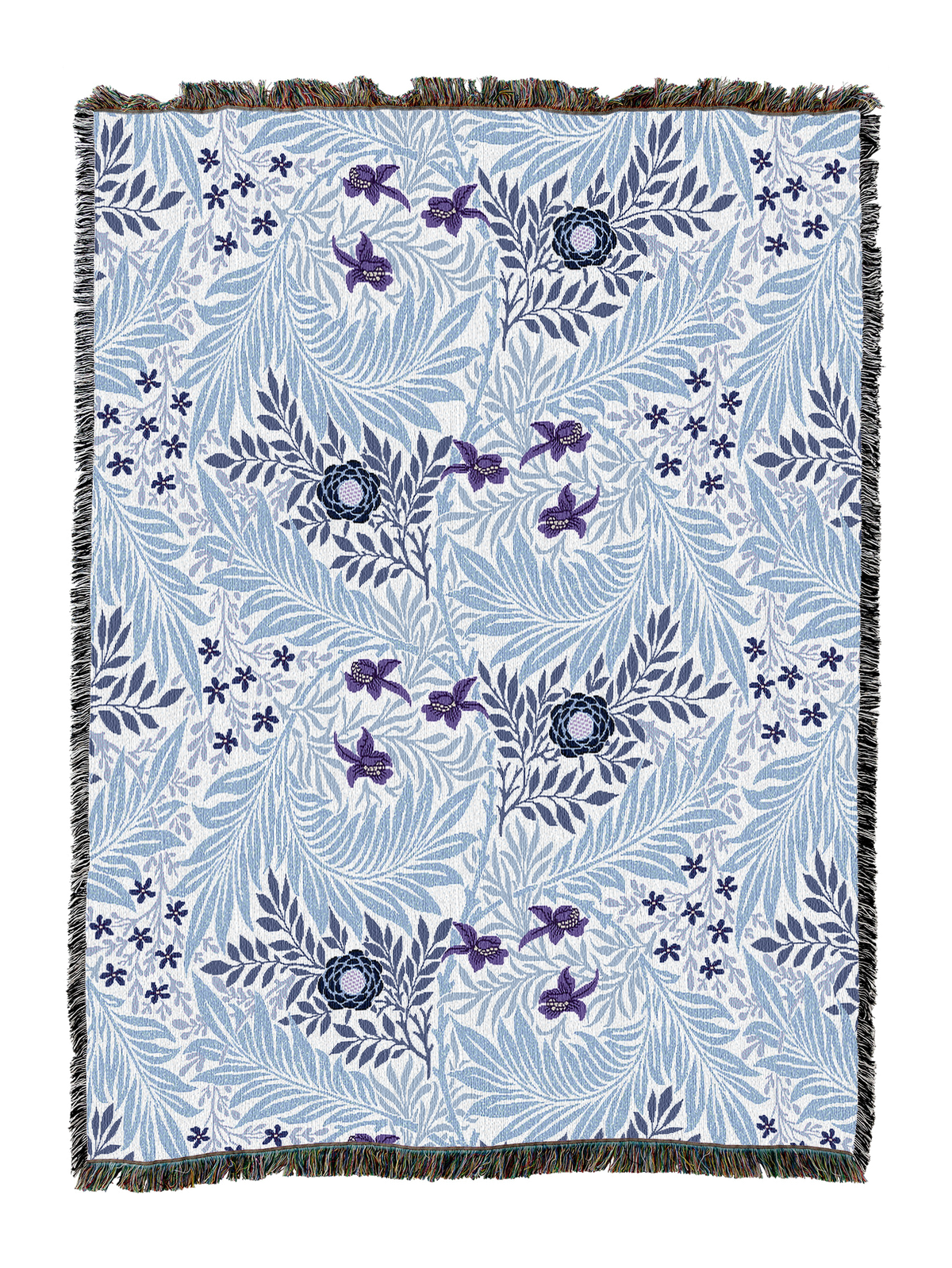 Light blue floral blanket with purple botanical pattern and textured fringe trim