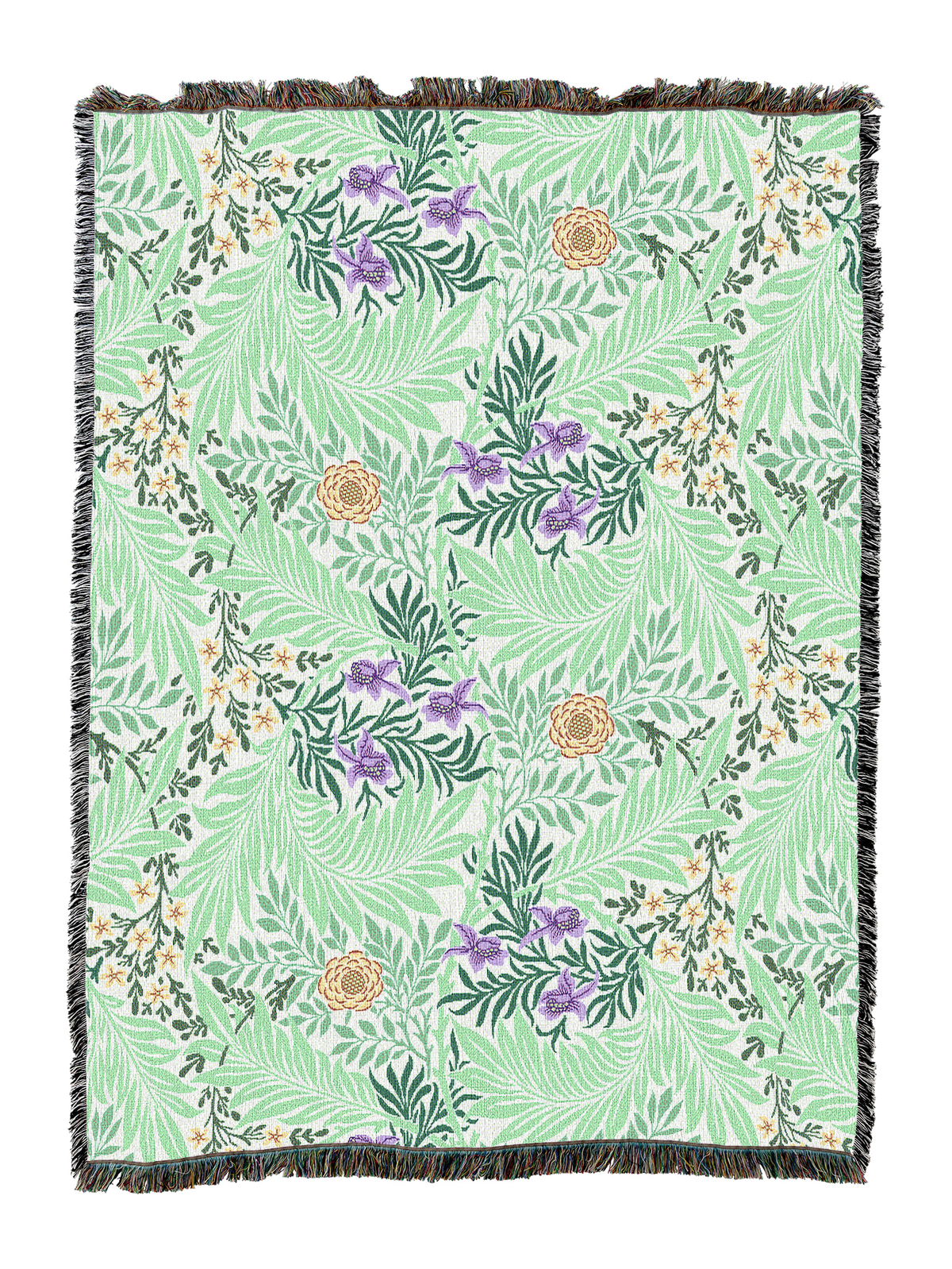William Morris Larkspur blanket in mint green with lilac flowers and warm orange dots
