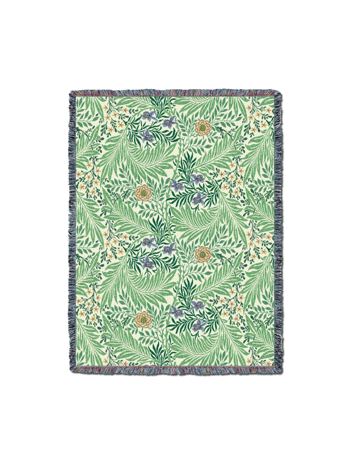 Green floral blanket with leafy botanical pattern and dark edge border