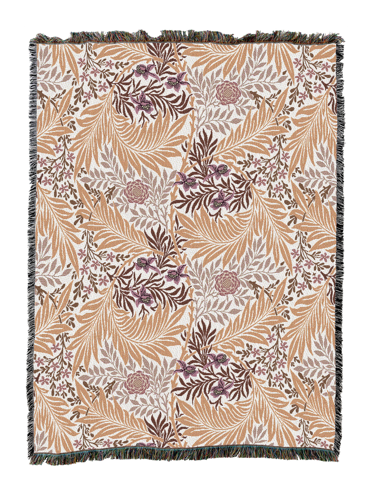 William Morris Larkspur blanket in peach with purple floral leaf pattern