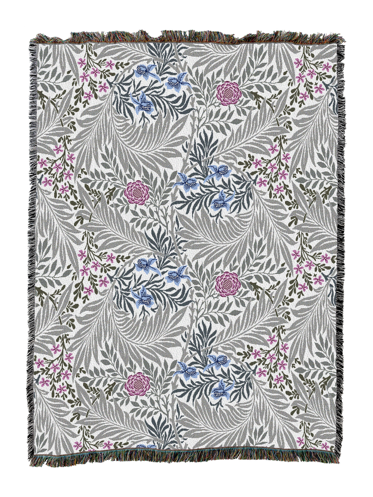 William Morris Larkspur blanket in gray with blue floral sprigs and pink buds