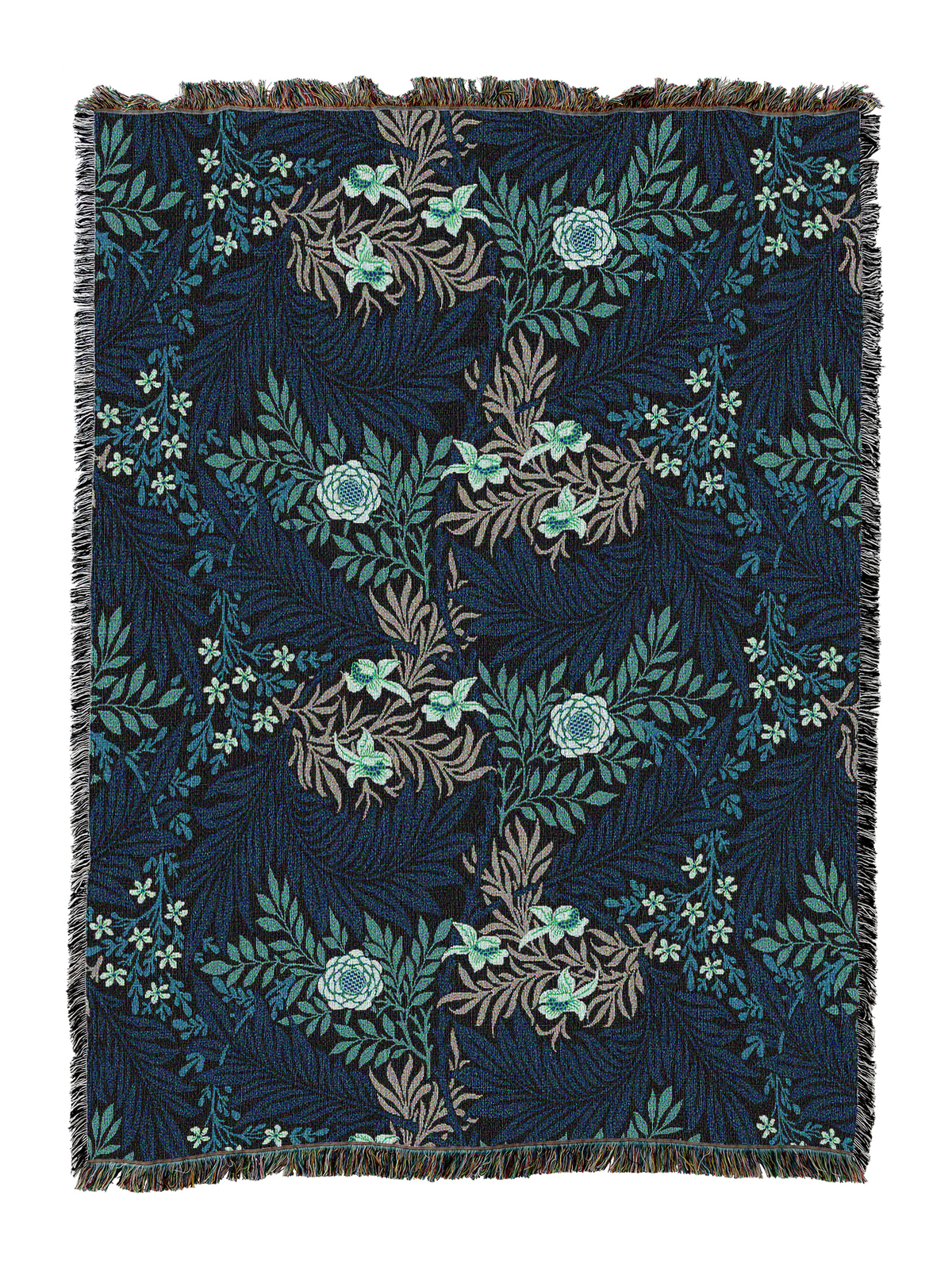 William Morris Larkspur blanket, dark blue with teal flower-and-leaf botanical pattern