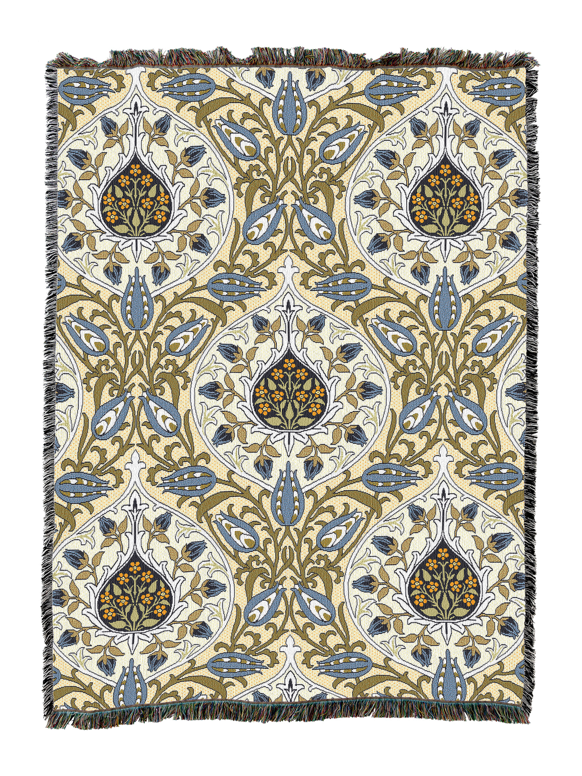 Cream blanket with all-over rosebud floral pattern in blue and brown, fringed border