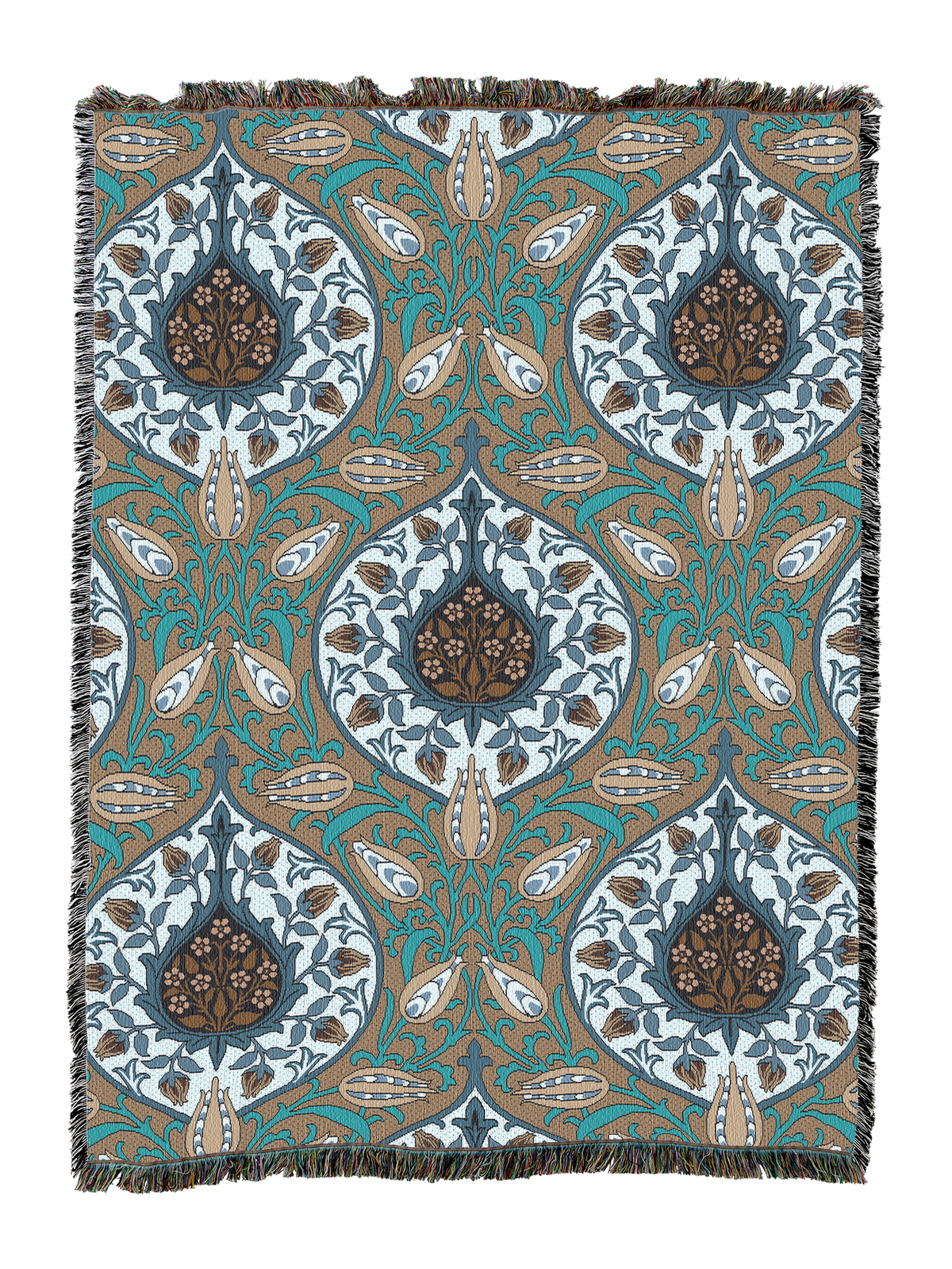 Light teal blanket with rosebud floral pattern in white, brown, and green, fringed border