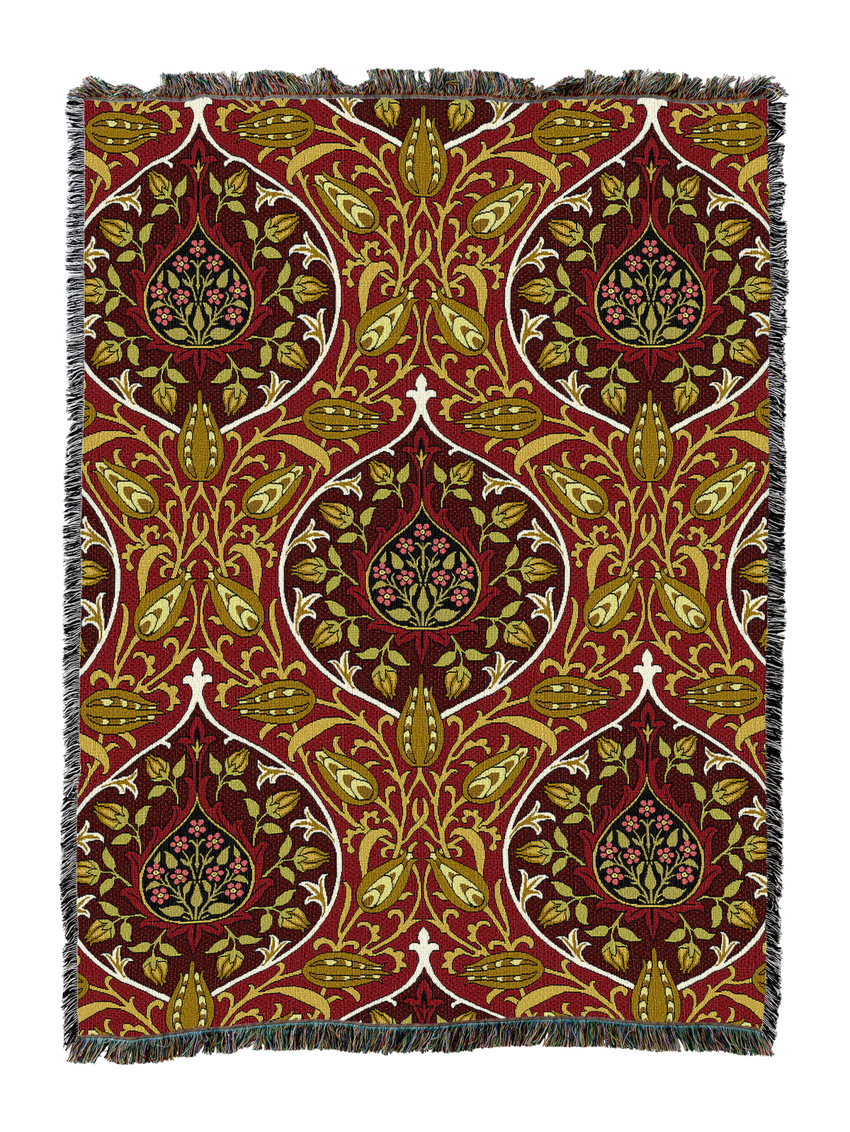 Deep red blanket with rosebud floral pattern in green and gold, fringed border