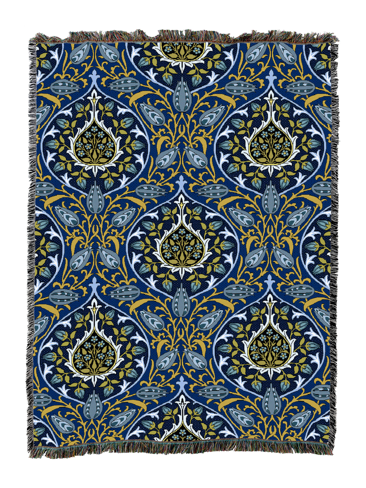 Blue rosebud floral blanket with intricate swirls in cream and green, tassel fringe