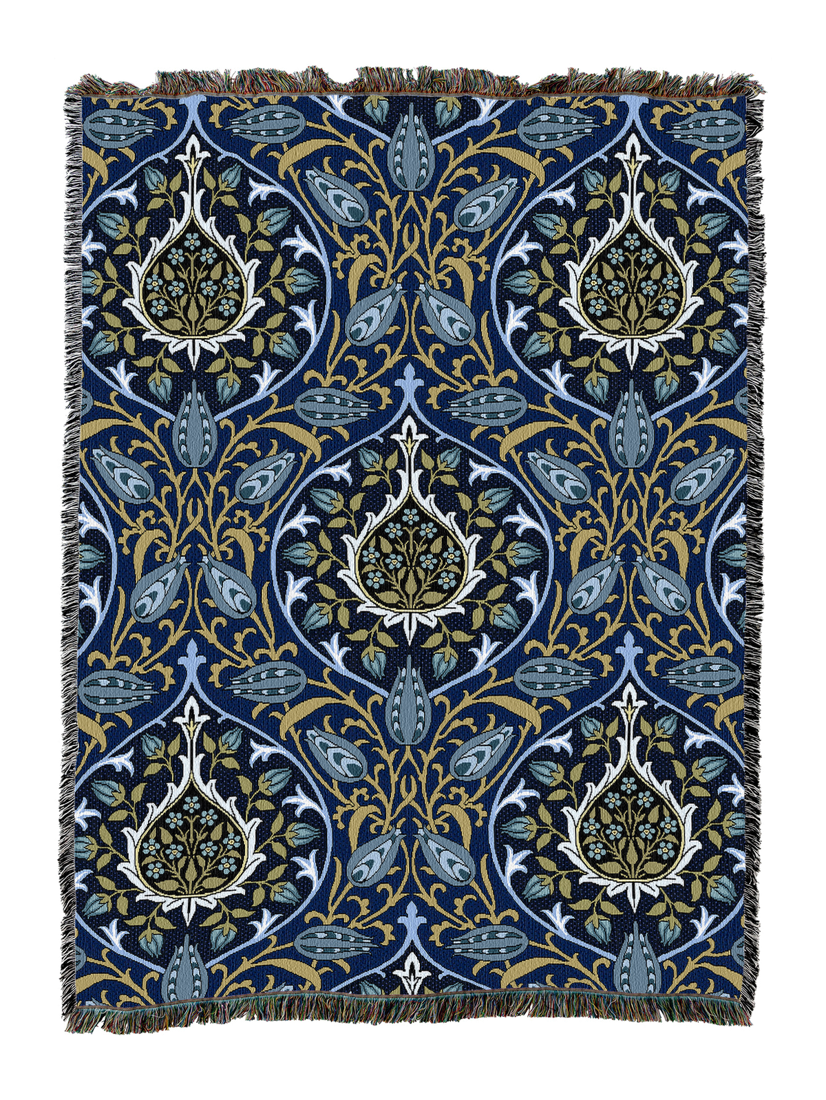 Navy blue blanket with rosebud floral pattern in cream, gold, and green, fringed edges