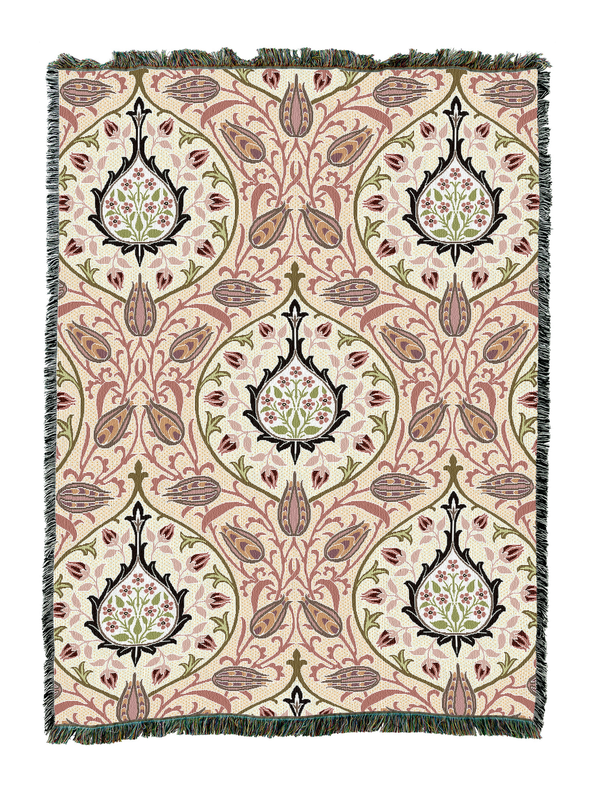 Pink rosebud floral blanket with ornate swirling leaves in cream and green, tassel fringe