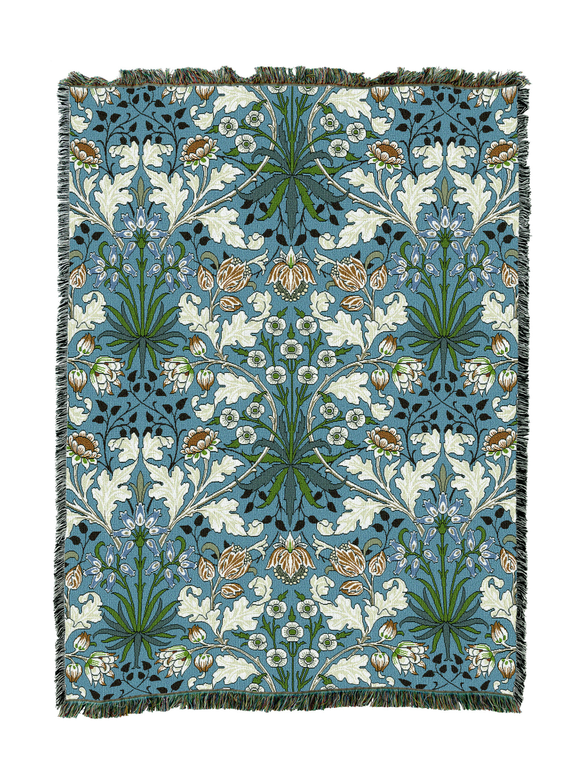Blue-toned hyacinth blanket with botanical blossoms and tassel fringe border