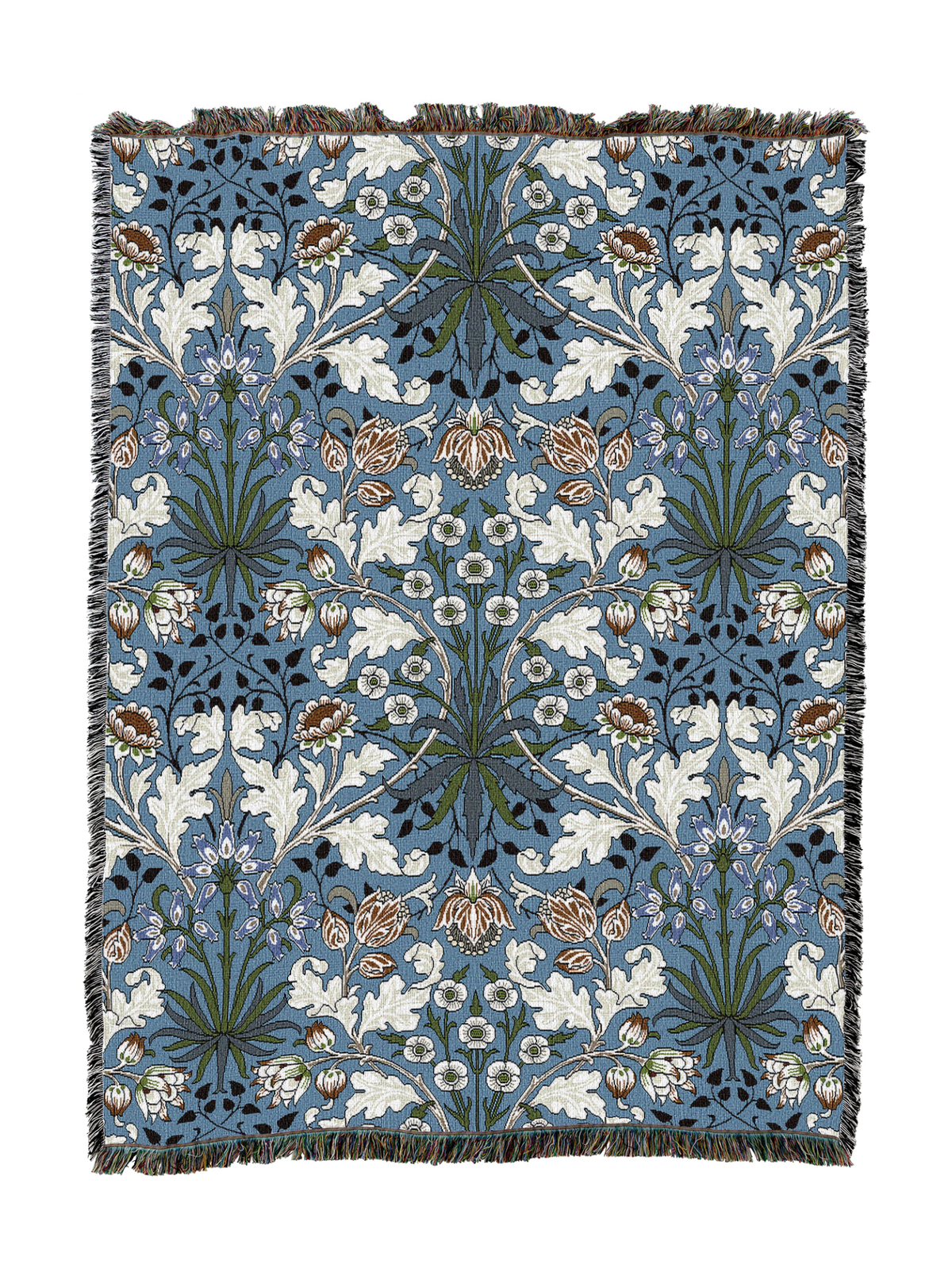 Blue floral hyacinth blanket with leafy vines and tassel fringe border